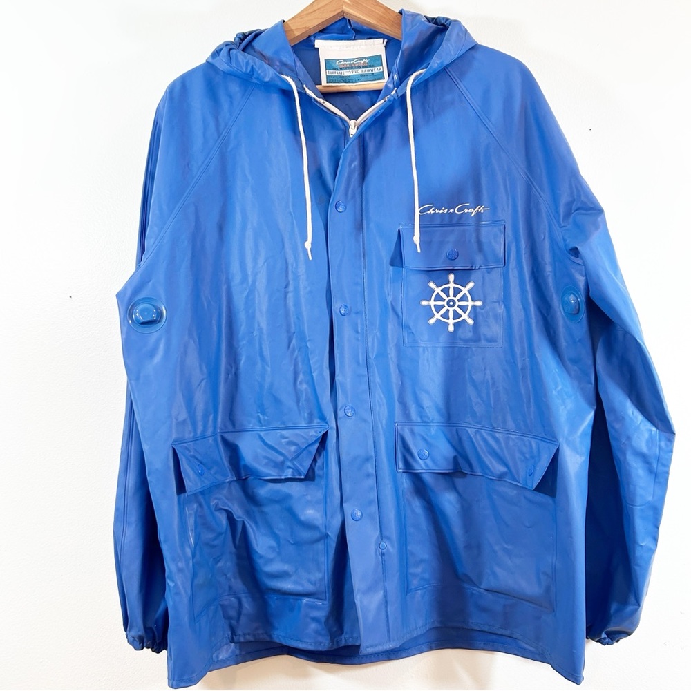 VTG Chris-Craft Boat Blue Waterproof Vinyl Nautical Jacket Tufflite PVC Rainwear